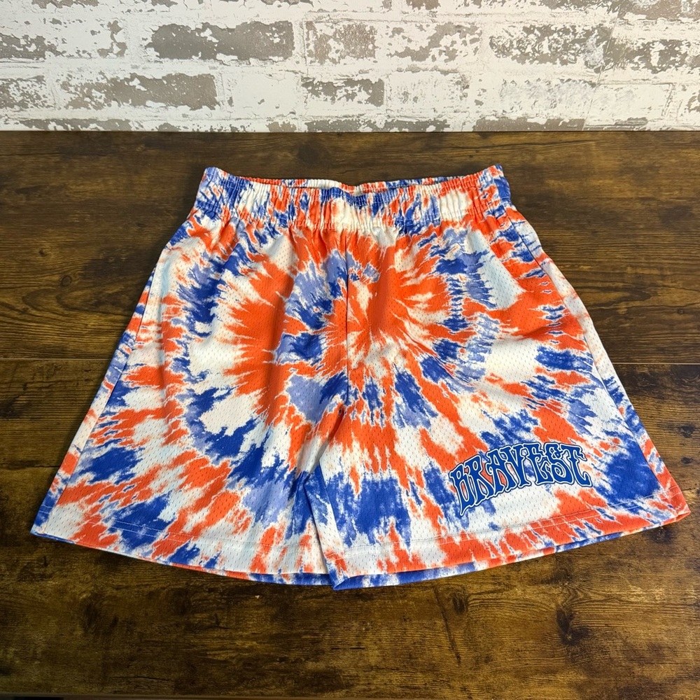 NEW - BRAVEST STUDIOS - Orange/Blue Tie Dye Gym Shorts - SMALL